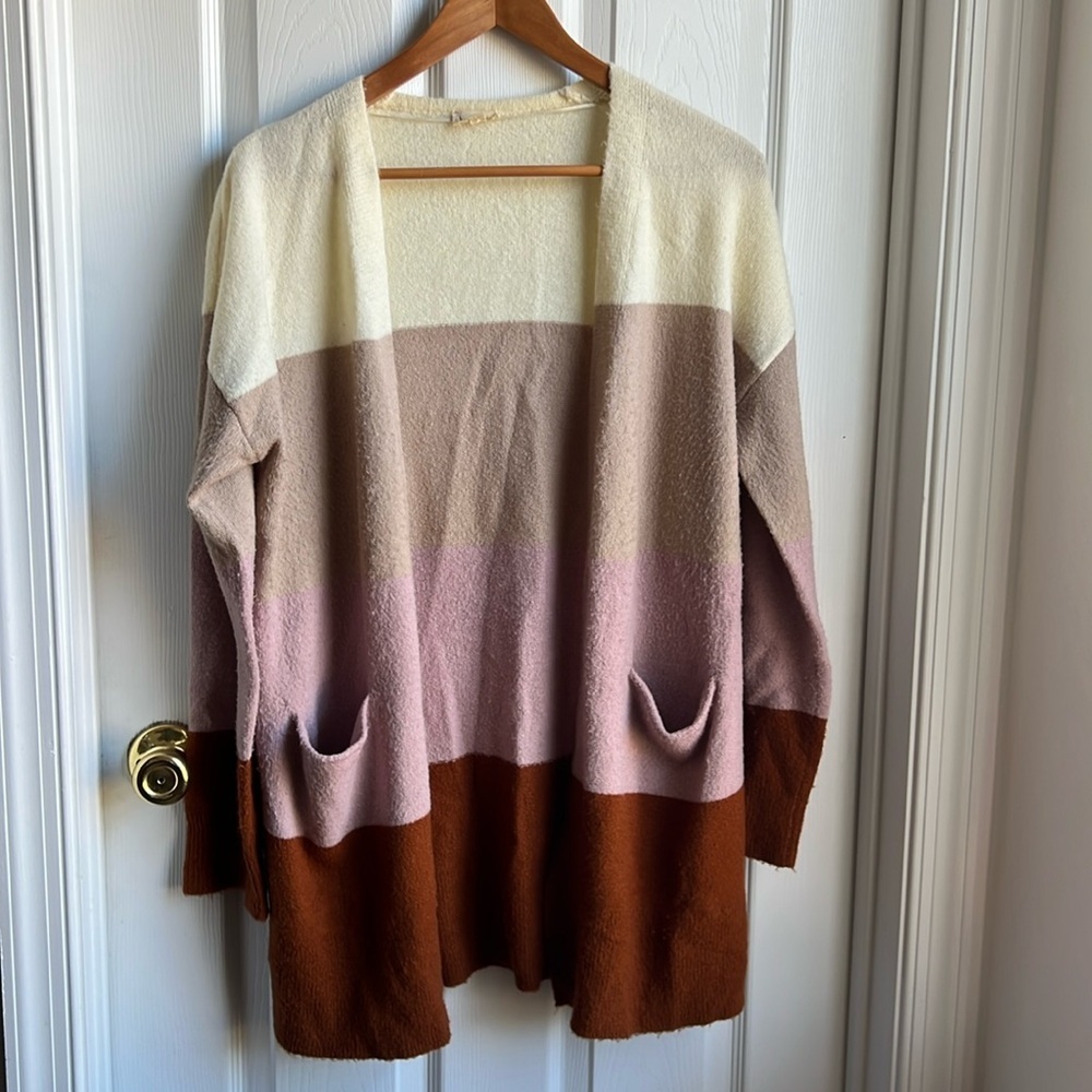Hem & Thread cardigan sweater cream, beige, pink, brown stripes color block